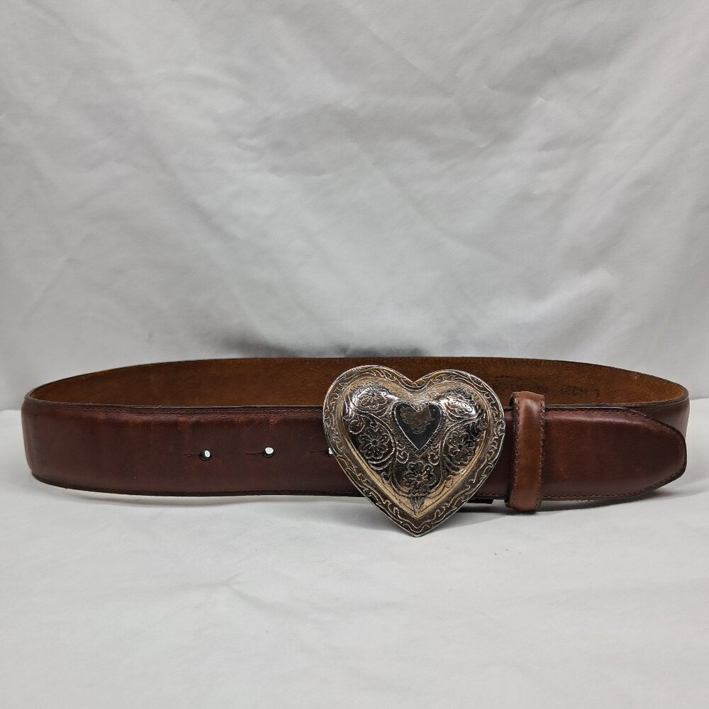 Vtg 1993 Brighton Brown Leather Belt With Silver Tone Heart Buckle Size L #44307